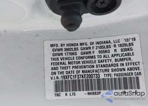 2019 Honda Civic Ex z USA, uszkodzony, nr VIN 19XFC1F37KE200733